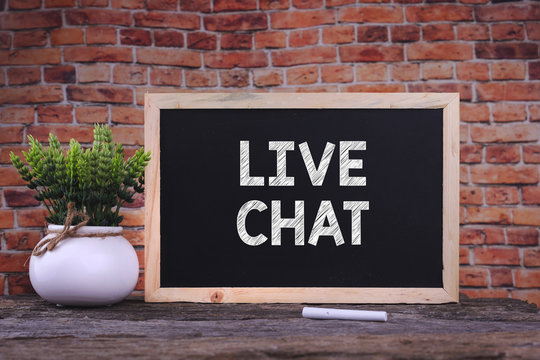 LIVE CHAT word on blackboard with green plant.
