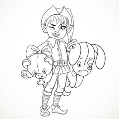 Cute boy elf Santa's assistant holding underarm large plush toy