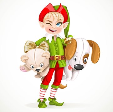 Cute boy elf Santa's assistant holding underarm large plush toy