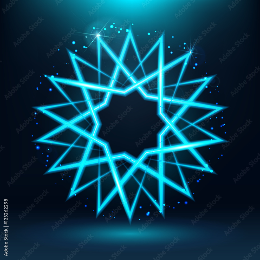 Poster futuristic image of neon stars. chaotic glowing particles. abstract geometric shape. empty space for