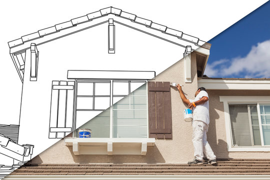 Diagonal Split Screen of Drawing and Photo of House Painter Painting