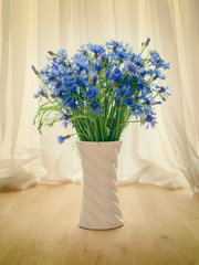 Bouquet of cornflowers in a vase on the table across from window