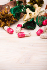 Pink capsules with green and orange leaves portrait