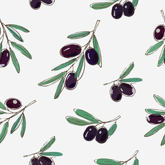 vector seamless pattern with black olives and leaves on white background