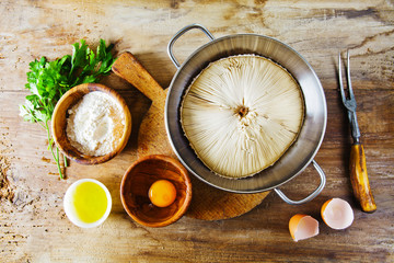 Parasol mushroom and ingredients for frying with eggs and flour
