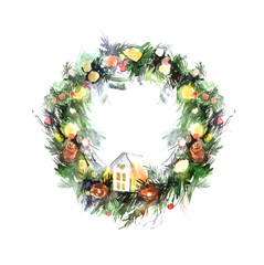 Fototapeta na wymiar Watercolor Christmas wreath.