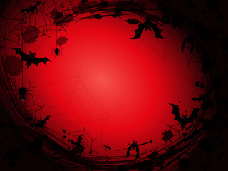 Abstract Halloween red background with black spider web, spider, bats and blobs