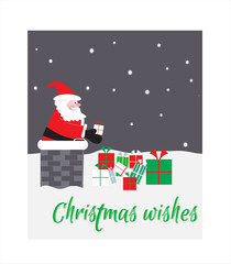Santa in the chimney with gifts. Christmas card.