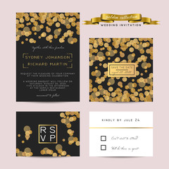Elegant wedding set with rsvp and save the date cards, decorated with golden glitter.