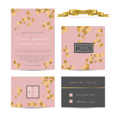Elegant wedding set with rsvp and save the date cards, decorated with golden glitter.