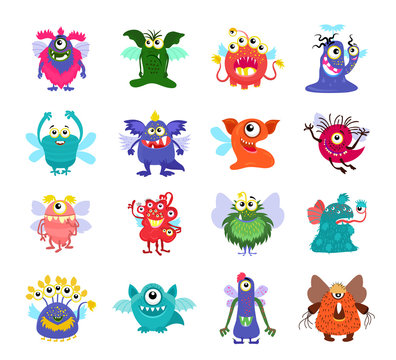 Flying cartoon monsters vector set for kids party