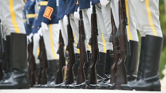 Soldiers in rifle rest position during a military ceremony