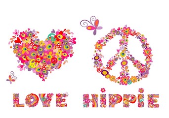 Hippie print with heart shape, abstract colorful flowers, peace symbol, mushrooms and rainbow