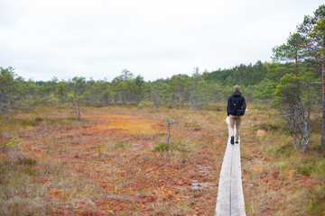 Fototapeta na wymiar Young man walking on a wooden boardwalk in an autumnal peatland carrying a camera bag