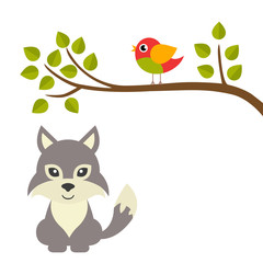 cartoon bird on a branch and wolf