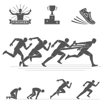 Running silhouettes set. Run club labels, emblems and design elements. Vector Illustration. 