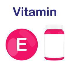 Vitamin E with bottle of pills tablets capsules. Red circle. Isolated icon. Vector illustration
