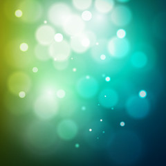 Abstract light blue, white and green bokeh background Vector illustration. Defocused glitter sparkles.