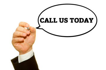 Hand writing CALL US TODAY with a marker on transparent wipe board.