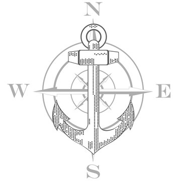 Nautical emblem. Anchor and wind rose. Flat design. Vector illustration