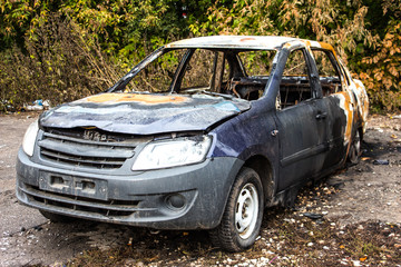 Abandoned Burnt Car. The car stands in front of thickets of bushes
