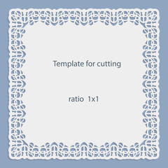 Greeting card with openwork border, paper doily under the cake, template for cutting, wedding invitation, decorative plate is laser cut, frame with lace edge, vector illustrations.