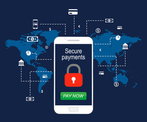 Secure payment by mobile. Vector illustration, flat design