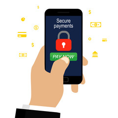 Secure payment by mobile. Vector illustration, flat modern design