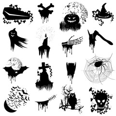 Large set of black silhouette Halloween icons