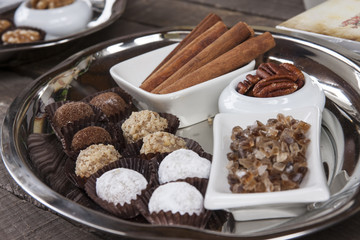 A tray of chocolates and ingredients