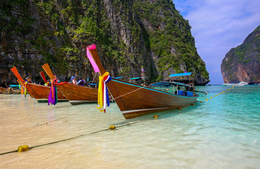 Longtail boats in Maya bay's sandy beach, Koh Phi Phi  19/12/2014