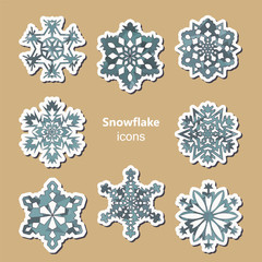 Set of eight stylized snowflake icons. Vector illustration
