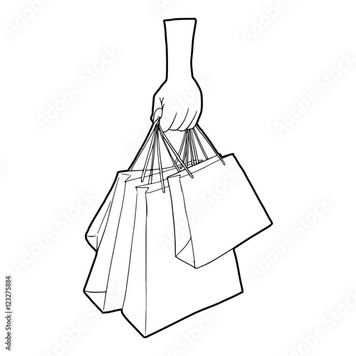 "A hand holding shopping bags icon. Outline illustration of a hand holding shopping bags vector