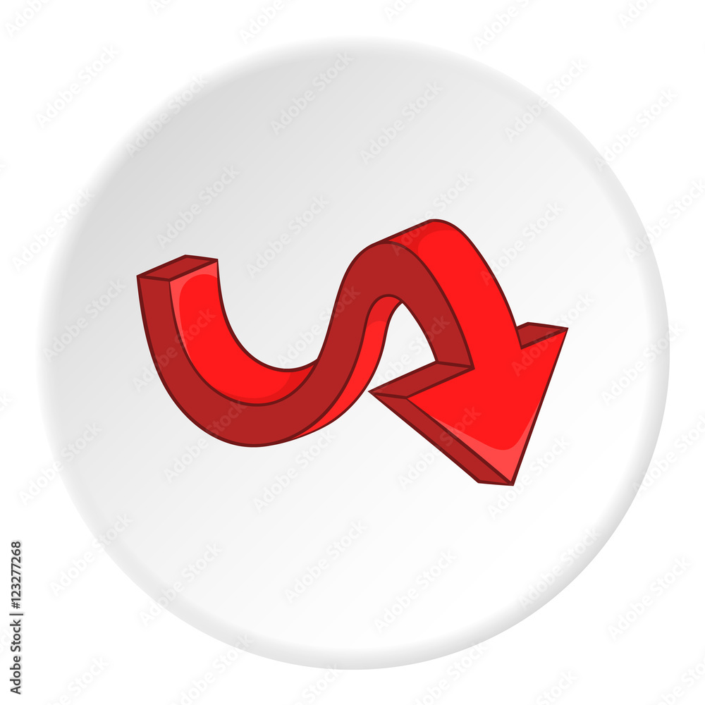 Poster red curved arrow down icon. artoon illustration of red curved arrow down vector icon for web