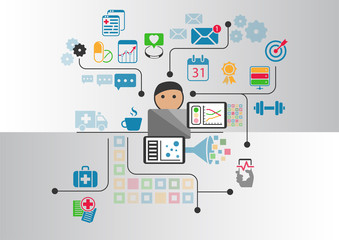 Digital e-health concept as vector illustration. Cartoon person connected to online doctor and hospital