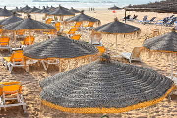 View of sand beach on hot summer day, Agadir, Morocco