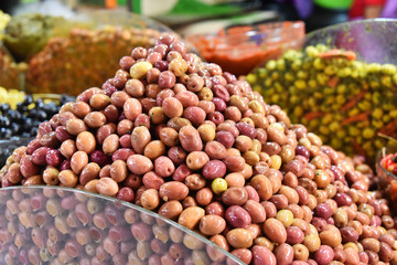 Assorted olives on the arab street market stall