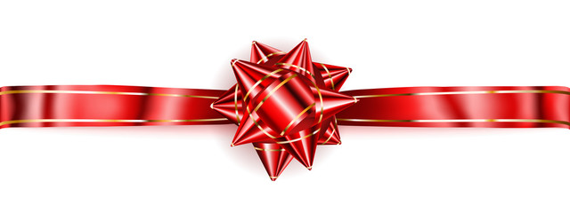 Red bow with horizontal ribbon with golden strips
