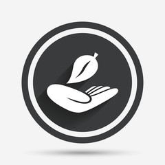 Nature insurance sign. Hand holds leaf symbol.