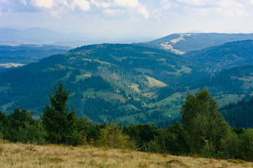 Fototapeta na wymiar Carpathian Mountains in Summer. Beautiful nature landscape with mountains, trees and blue sky with clouds
