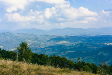 Naklejka na ściany i meble Carpathian Mountains in Summer. Beautiful nature landscape with mountains, trees and blue sky with clouds
