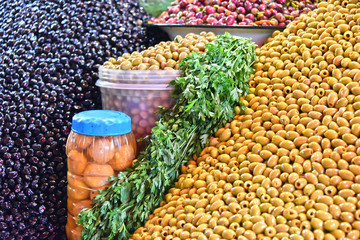Assorted olives on the arab street market stall
