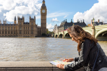 Weibliche Touristin schaut auf die Landkarte vor der Westminster Brücke in London