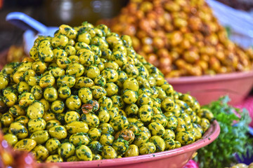 Assorted olives on the arab street market stall