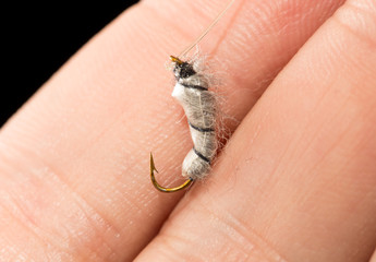 fly to catch fish in a hand on a black background