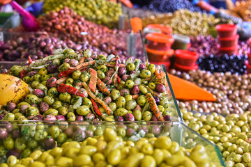 Assorted olives on the arab street market stall