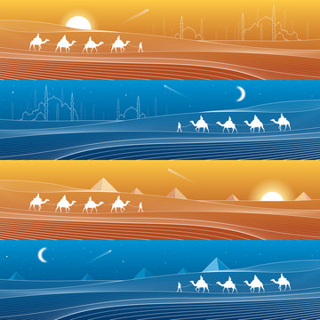 Caravan passes through the sand desert, dunes, pyramids on the horizon, mosques and minarets, white lines on blue and orange background, day and night panorama, vector design art