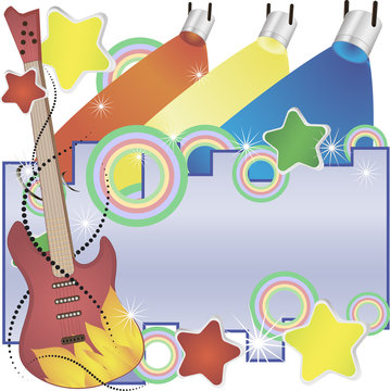 Abstract vector music background with a guitar and colorful spotlights