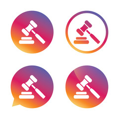 Auction hammer icon. Law judge gavel symbol.