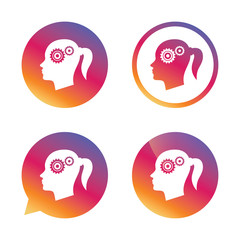 Head with gears sign icon. Female woman head.